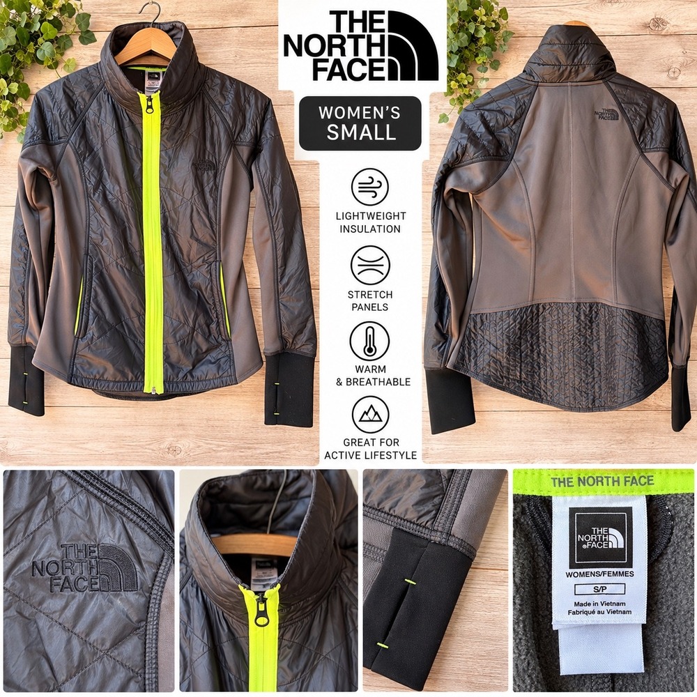 The North Face Womens Animagi Hybrid Quilted Full Zip Jacket Black S Neon Yellow
